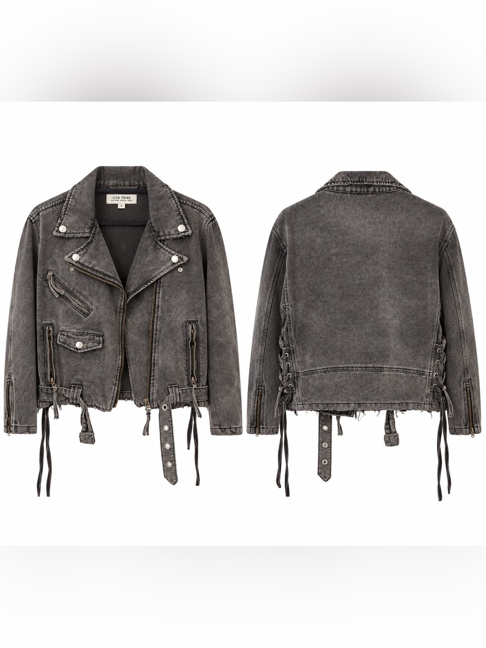 12th Tribe Washed Gray Denim Biker Jacket